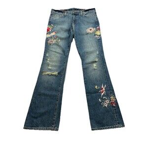 J. Crew Embroidered & Distressed Hipslung Bootcut Jeans Size 29R Y2K Made In USA